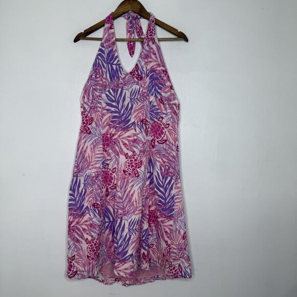 Palm Court Dress Womens Large Pink Purple Halter Sundress Tropical Turtle Beach - Picture 1 of 5
